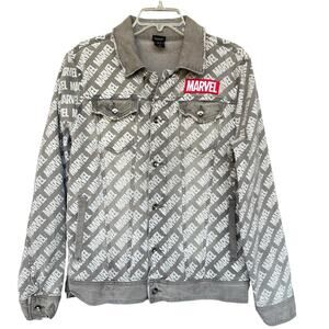 Marvel Mens Jean Jacket Medium Button Up AOP Logo Gray Denim Superhero Movies